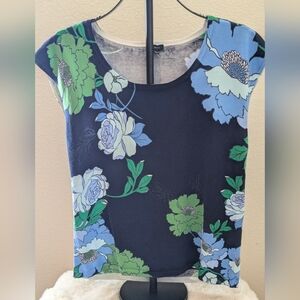 Talbots Navy Blue Green Floral Scoop Neck Cap Sleeve Knit Top Size L